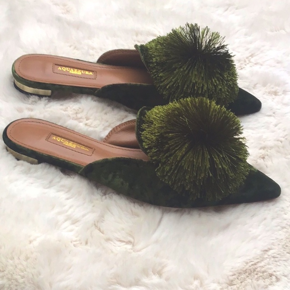 Aquazzura powder puff pompom mule flat slides loafers